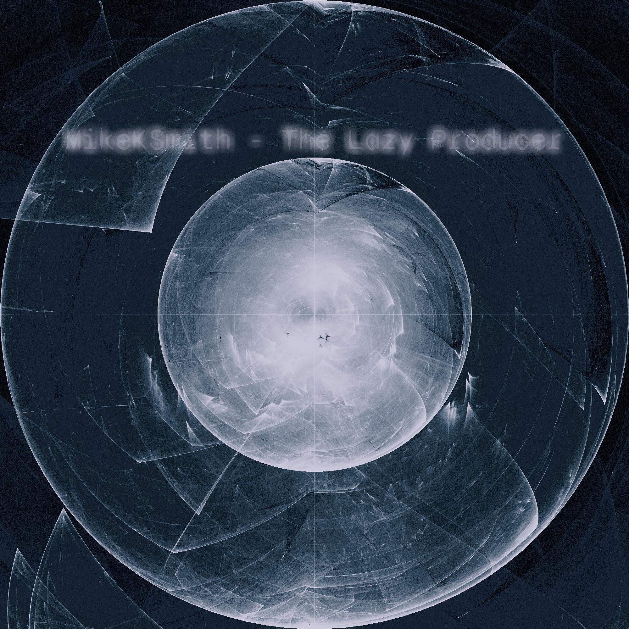 Album cover for Mike K Smith's album "The Lazy Producer". The cover shows a generative art image created by Danielle Navarro which has two concentric circles white on indigo and black with many white slashes and whispers. The image has four quadrants. Near the centre are three V-shapes