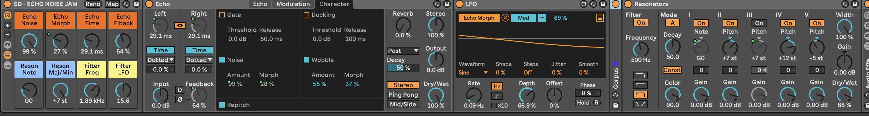 The image shows an effect rack which generates noise from the Noise Character setting in the Ableton Echo device, modulated using an LFO and then sent through a Resonator to add pitched harmonics. The Delay on the Echo uses Time rather than sync mode and the time is very short - 29ms. This should make the Echo get close to self-resonating and makes the Noise generator within the Echo almost self-oscillate The LFO affects the Morph parameter of the Noise circuit. The Resonator has the root note selected from the Macro knobs, and resonates in fifths and octaves.