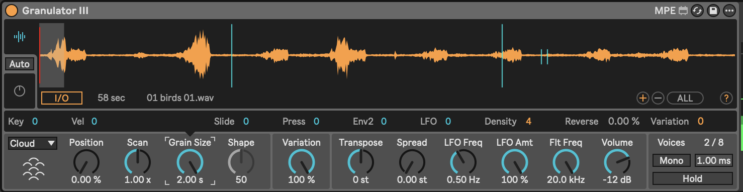 The image shows the Granulator III device by Robert Henke. The device has a main panel show a graphical representation of the original audio waveform. Below this a number of dials allow you to specify the Position of playback, Scan rate, Grain Size and a variety of other settings. Just above the dials is a modulation lane where the values can be changed through MIDI CC or MPE control, LFO, Envelopes and so on.