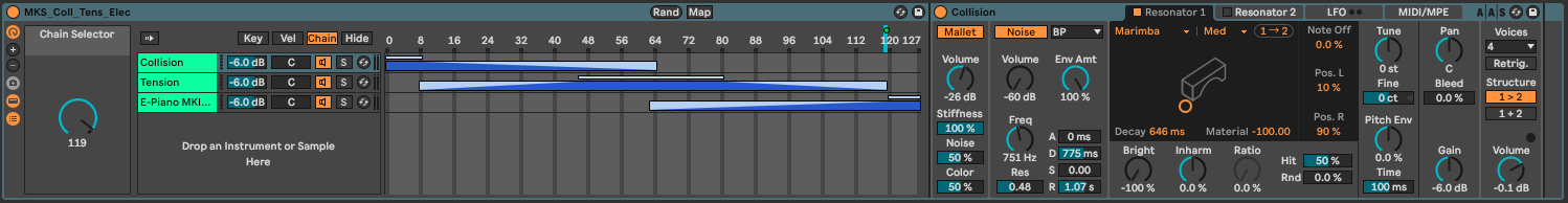 The image shows an Instrument Rack. Three different instruments - Collision, Tension and Electric Piano are defined in separate chains. The chains occupy the range 0-127 but overlap with crossfade. The chain selector is assigned to a Macro knob.