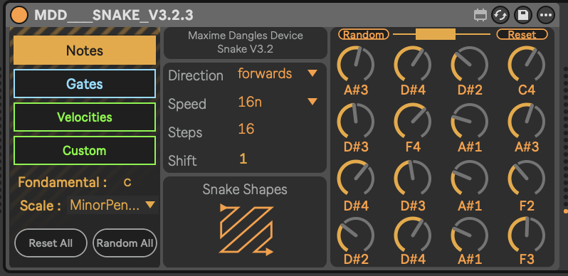 The image shows the MDD Snake Max for Live sequencer device in the Notes definition tab. It shows a four by four grid of dials on the right hand side corresponding to pitch. A slider at the top allows the user to define a range of pitches to randomise from. In the lower left corner the pitches can be quantised to different scales using the Fundamental value and Scale dropdowns. The middle panel defines the direction of the sequence and speed via dropdown selectors and number of steps value. Below that is a selector for choosing the 'Snake Shape' which determines the pattern of playback through the notes. In the image the pattern chosen zig-zags through the notes from bottom left to top right and back.