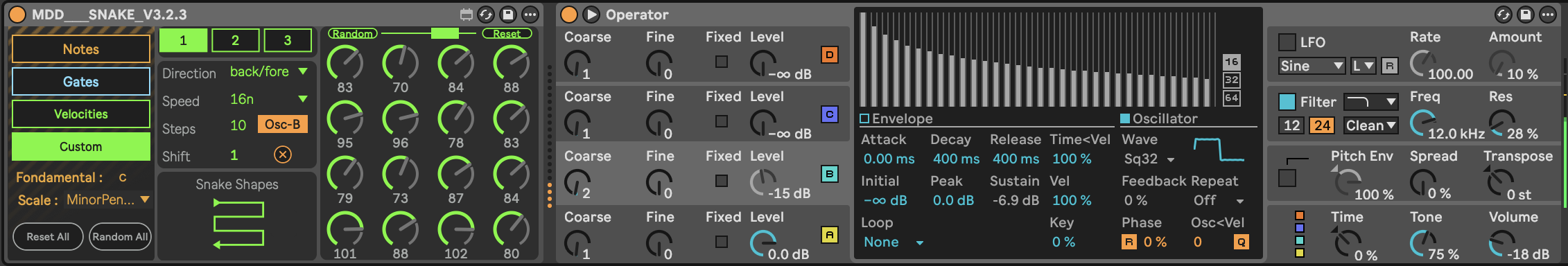 The image shows the MDD Snake Max for Live sequencer device in the Custom definition tab. It shows a four by four grid of dials on the right hand side corresponding to some modulated parameter which is selected via a Map modulation selector. A slider at the top allows the user to define a range of values to randomise from. The middle panel defines the direction of the sequence and speed via dropdown selectors and number of steps value. Below that is a selector for choosing the 'Snake Shape' which determines the pattern of playback through the notes. In the image the pattern chosen goes through each row of values starting left to right in the top row then right to left in the second and so on. The image shows how the modulation sequence is changing the second Oscillator shape in an Operator instrument.