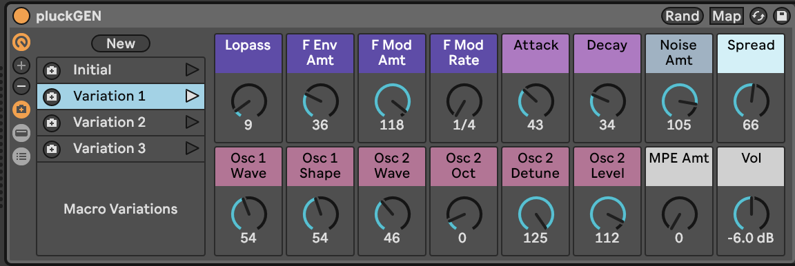 The image shows Macro variations view for an Instrument Rack. There is a captured Variation called Initial and three other Variations numbered 1 to 3.