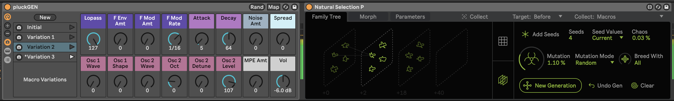 The image shows the Natural Selection P device sitting to the right of an Instrumet Rack with four Variations defined. The device has a Collect button in the central upper banner, a drop down selector for where the Instrument Rack is situated - before, after or parent. The next dropdown defines which parameters to include in the evolution - Macros, Macros and Parameters or both Macros and Parameters. The Family Tree tab selects Variations to be used in the New Generation. These Variations are denoted by blobs of different shapes. 