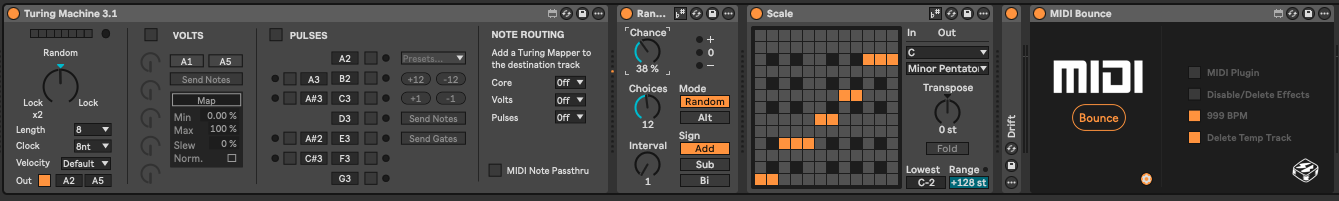 The image shows Turing Machine Max for Live device, Random effect and Scale effect. These play through an instance of the Drift instrument and at the end of the device chain is Side Brain's MIDI Bounce effect. This effect has a number of options if you click on the Gear icon in the bottom right corner. Options are to set the bpm to 999bpm to speed up the capture process, the choice to remove the bounced temporary track after rendering and to delete or turn off MIDI effects in the track following bouncing.
