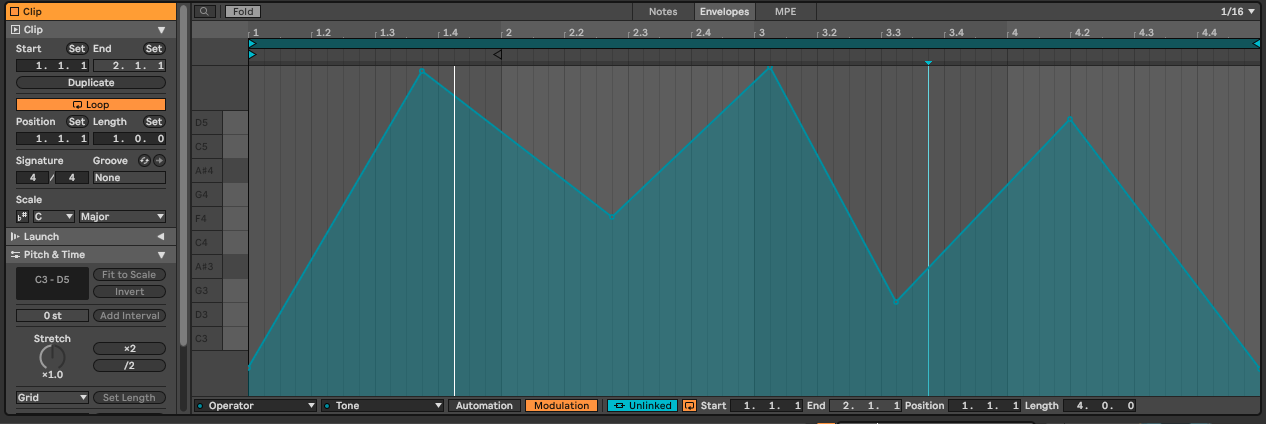 The image shows a clip Envelopes tab where modulation on the Tone setting in the Operator instrument has been modulated. The modulation has been set to 'Unlinked' which allows us to draw modulation with a different loop length than the MIDI note clip length. Here the MIDI note clip is one bar but the modulation extends over 4 bars.
